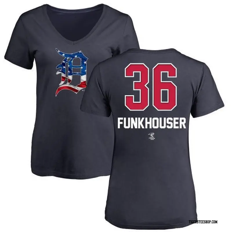 Women's Detroit Tigers ＃36 Kyle Funkhouser Navy Branded Name and Number Banner Wave V-Neck T-Shirt
